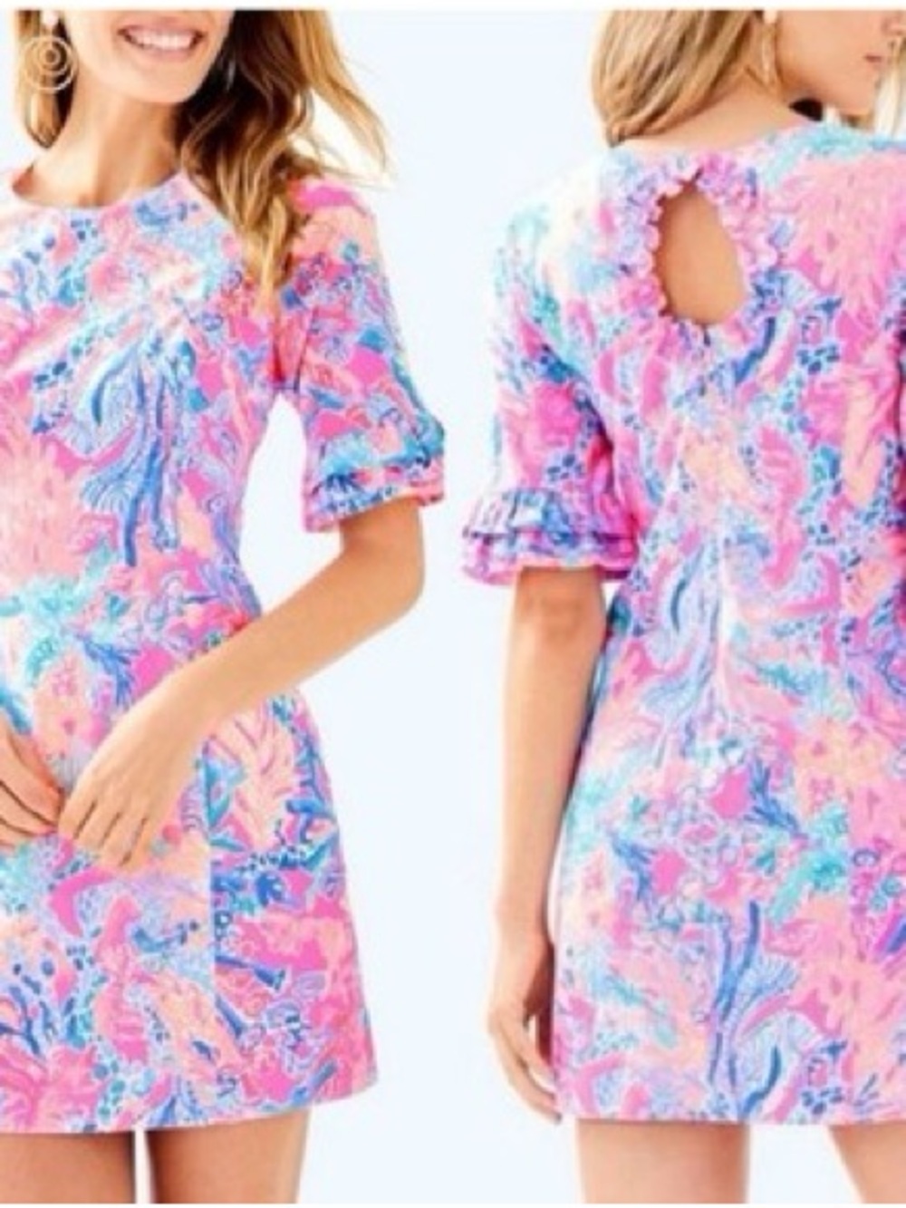 Lilly Pulitzer Pink Blue Multi Floral Ruffle-Sleeve Mini Dress